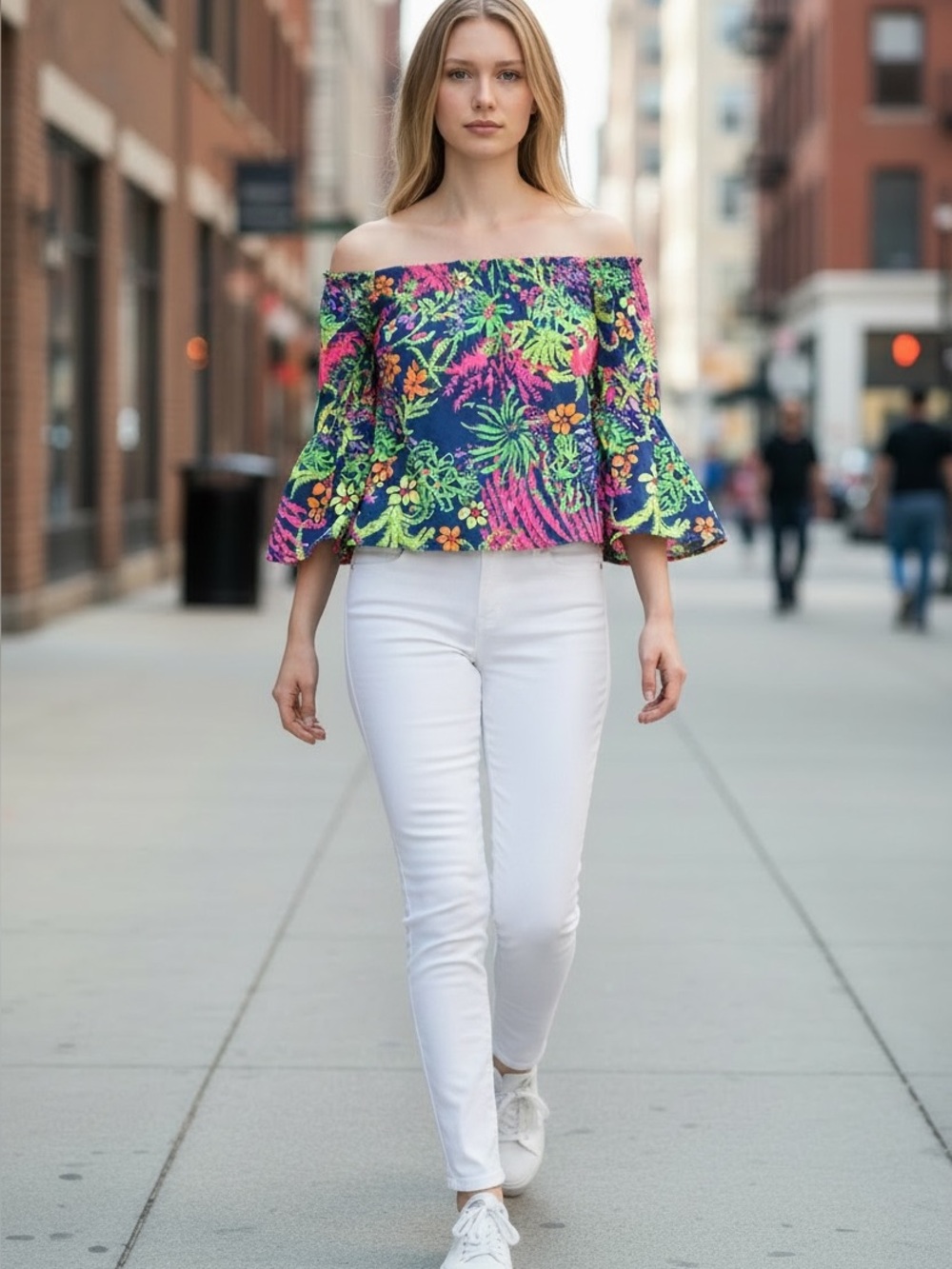 Lilly Pulitzer Off-Shoulder Floral Print Women’s Top in Navy with Neon Accents